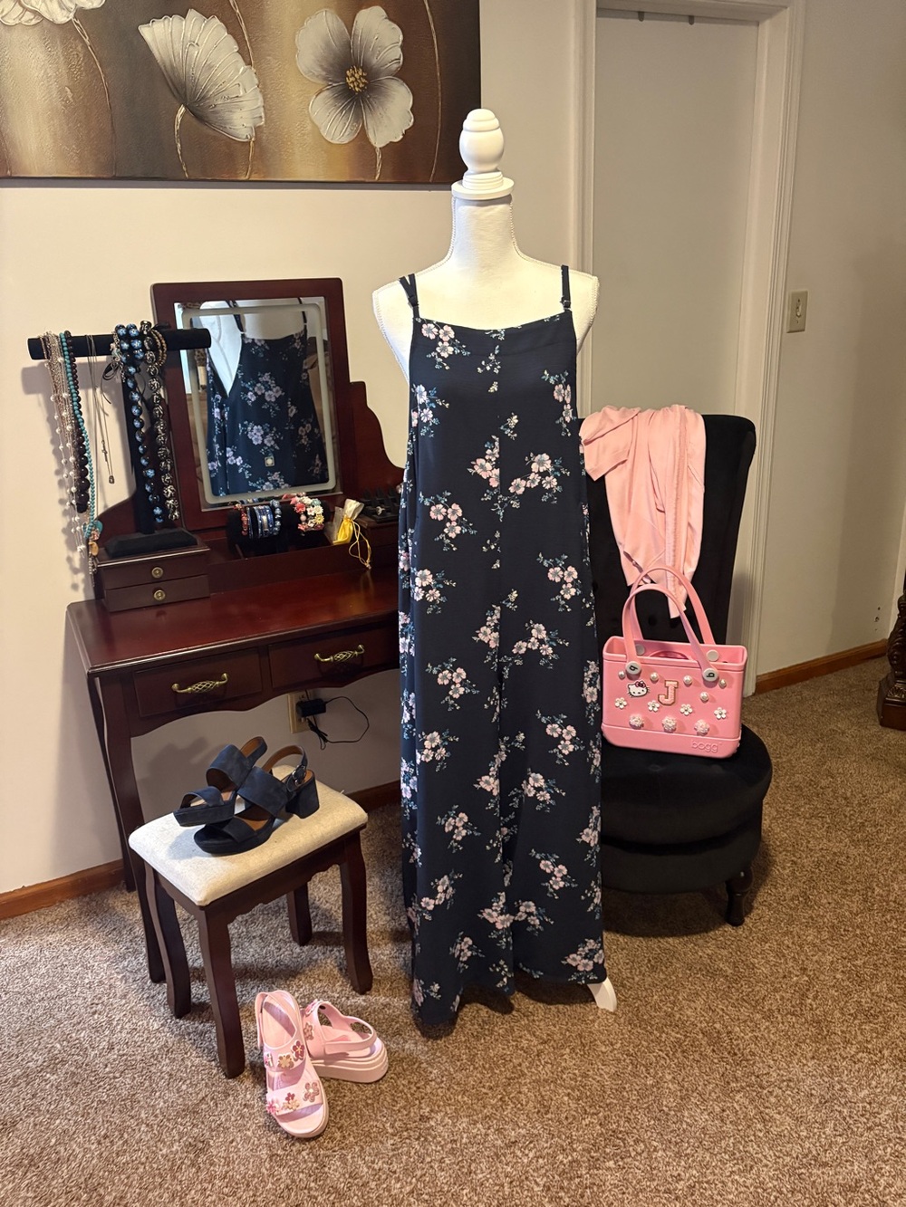 (EUC) Navy Blue with Pink Floral print Jumpsuits w/ pockets. 📦#Ready2Ship